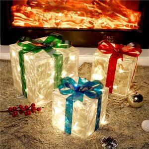 Set of 3 Lighted Gift Boxes Christmas Decorations, 60 LED Transparent
